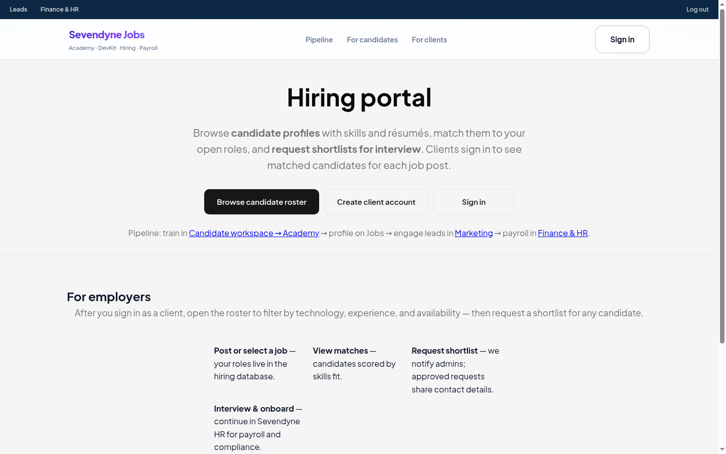 Public hiring portal landing page