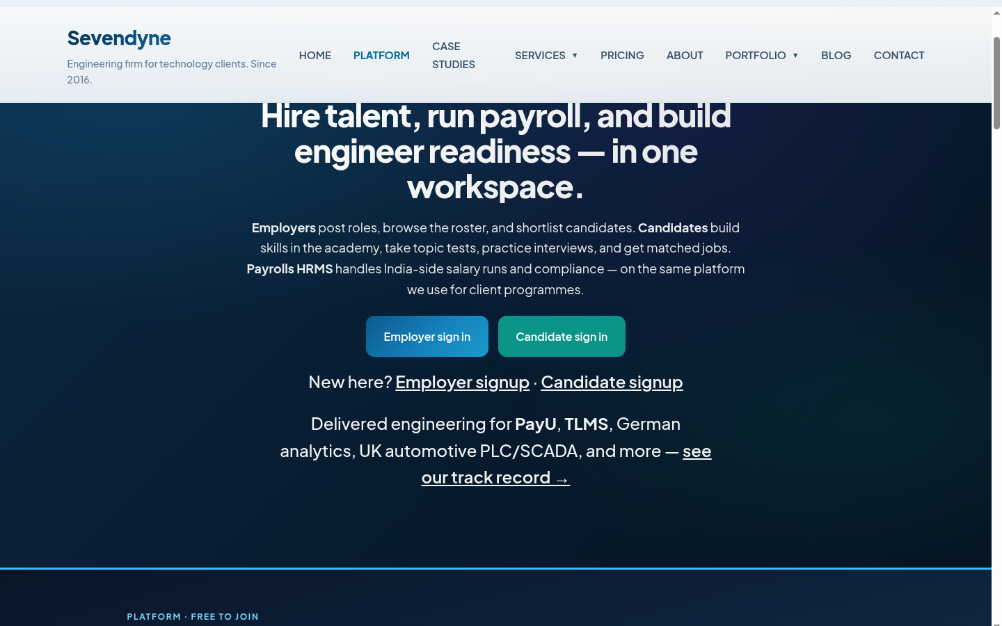 Sevendyne homepage showing hiring platform, academy, and Payrolls HRMS modules