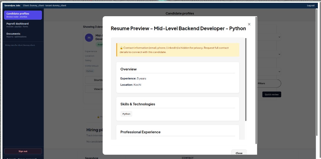 Anonymised résumé preview modal with skills and experience